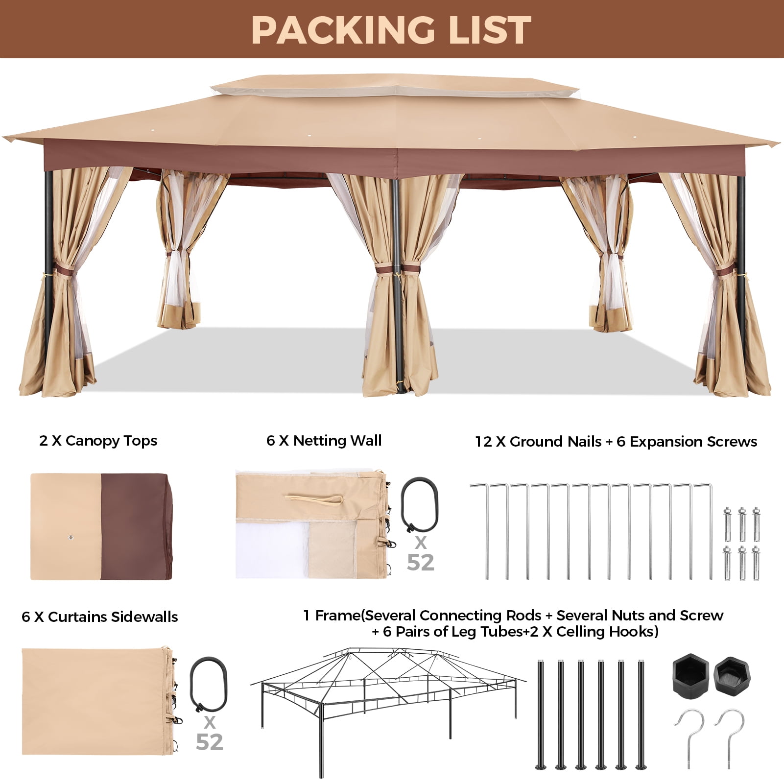 HOTEEL Heavy Duty 12X20 Outdoor Patio Gazebo with Mosquito Netting Curtains,Double-Roof Canopy Tent Gazebo for Parties,Backyards,Gardens,Khaki