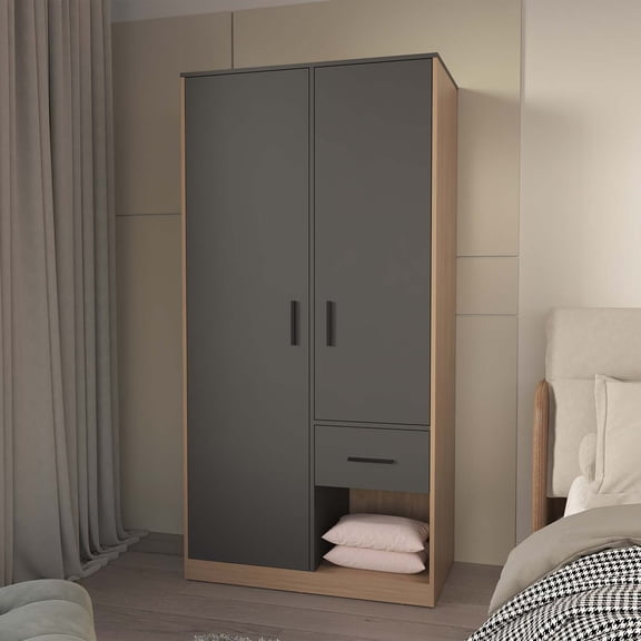 FM FURNITURE Lugoff Wardrobe with Two Doors and Drawer Matt Grey and Natural Oak