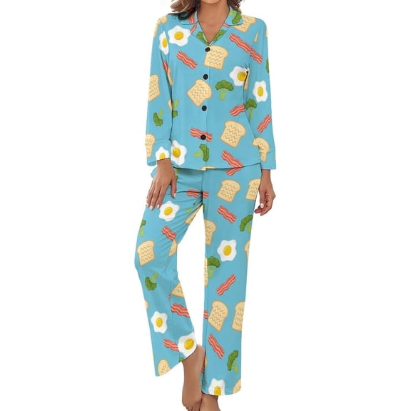 Top-kevin Womens Pajamas Set Breakfast Foods Soft Long Sleeve Sleepwear Button Down Sets