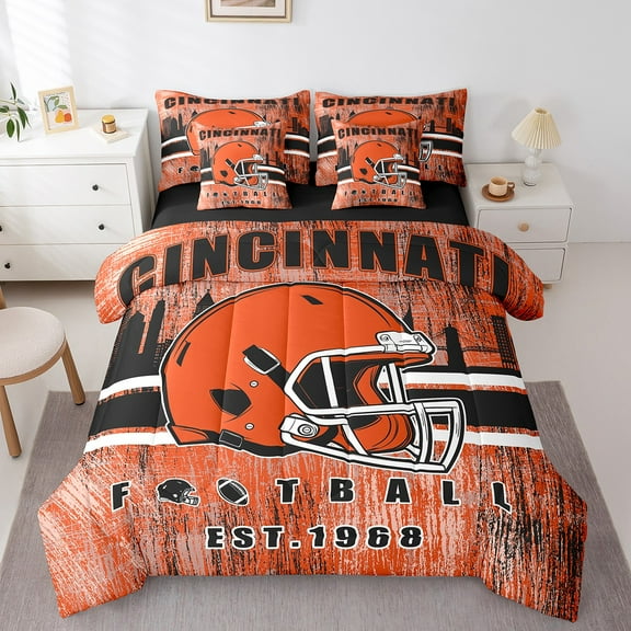 Erosebridal Football City Bedding Sets Twin Size, American Football Comforter Sets with Sheets, Black Orange, CINCINNATI, Breathable 7 Pieces