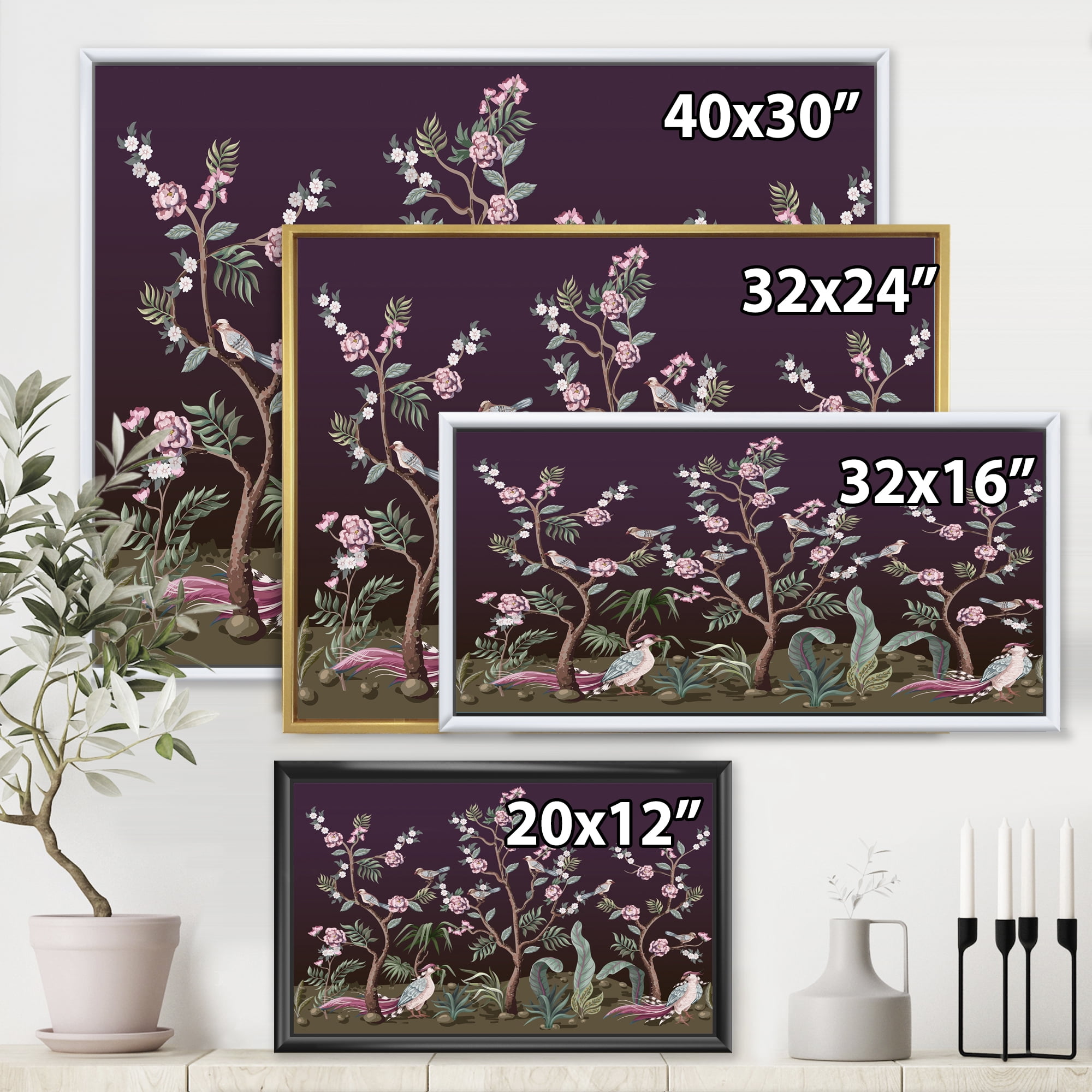 Designart 'Chinoiserie With Peonies and Birds I' Traditional Framed Canvas Wall Art Print