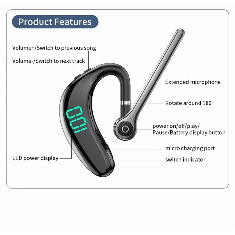 Goshyda Bluetooth Earpiece, Wireless Handsfree Headset with 500mAh Charging Case, Intelligent Noise Cancellation Single Ear Bluetooth Headset, for