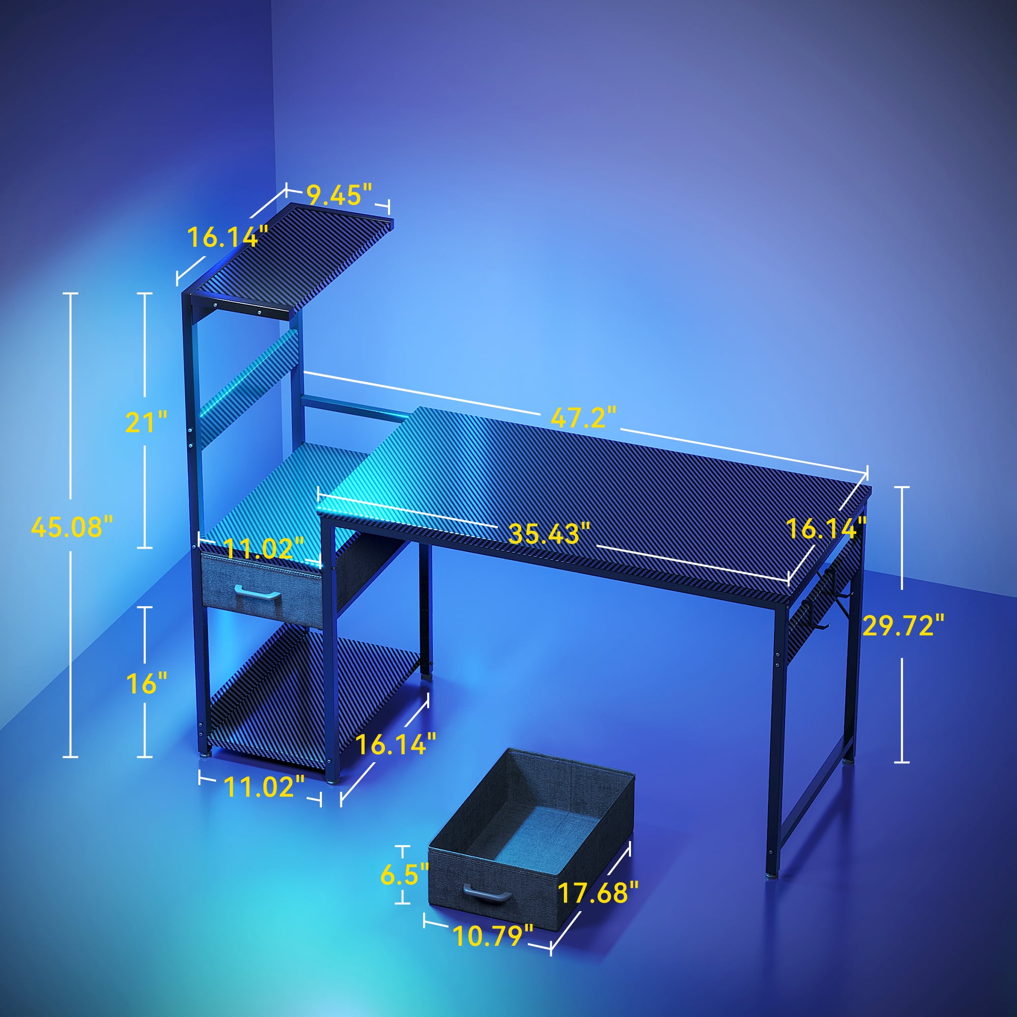 48" Gaming Desk with LED Lights & Storage Drawer, Reversible Computer Desk with Headphone Hook, Carbon Fiber Black