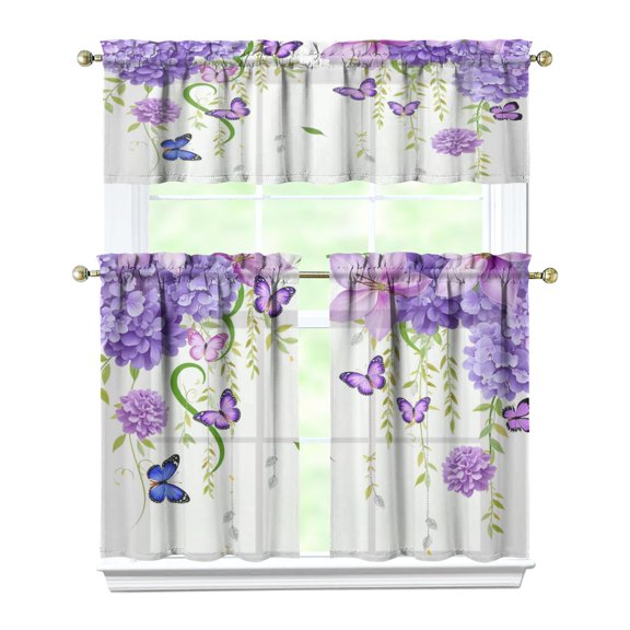 Purple Flower Butterfly3(1) Kitchen Curtain Valance 3 Piece Home Curtains and Valance Set Curtain Sink Window Decor Window Treatment Tier 27.5x36 Length