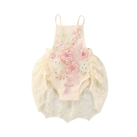 

Qiylii Baby Girls Lace Romper Sleeveless Strap Embroidery Backless Jumpsuit