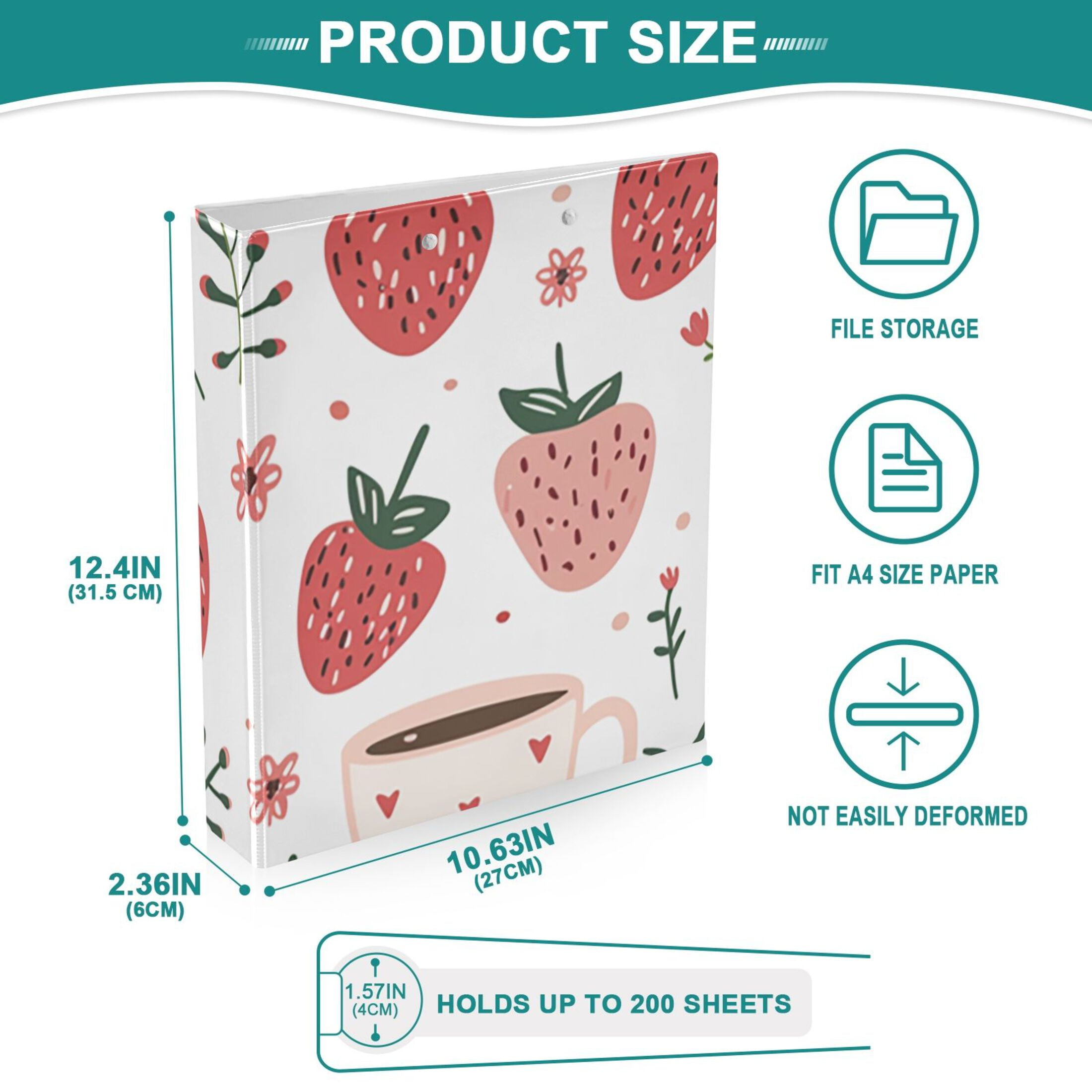 Cute Strawberry Tea 3 Ring Binders 1.5 inch Hardcover File Folders with Interior Pockets A4 Size Organizer for School Office Hospital