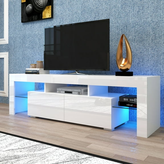Segmart Modern TV Stand for 70 inch TV, High Gloss TV Stand with 16 Colors LED, Media Storage Console Cabinet with Storage Drawers nd Open Shelves for Living Room, Bedroom, White, S9783