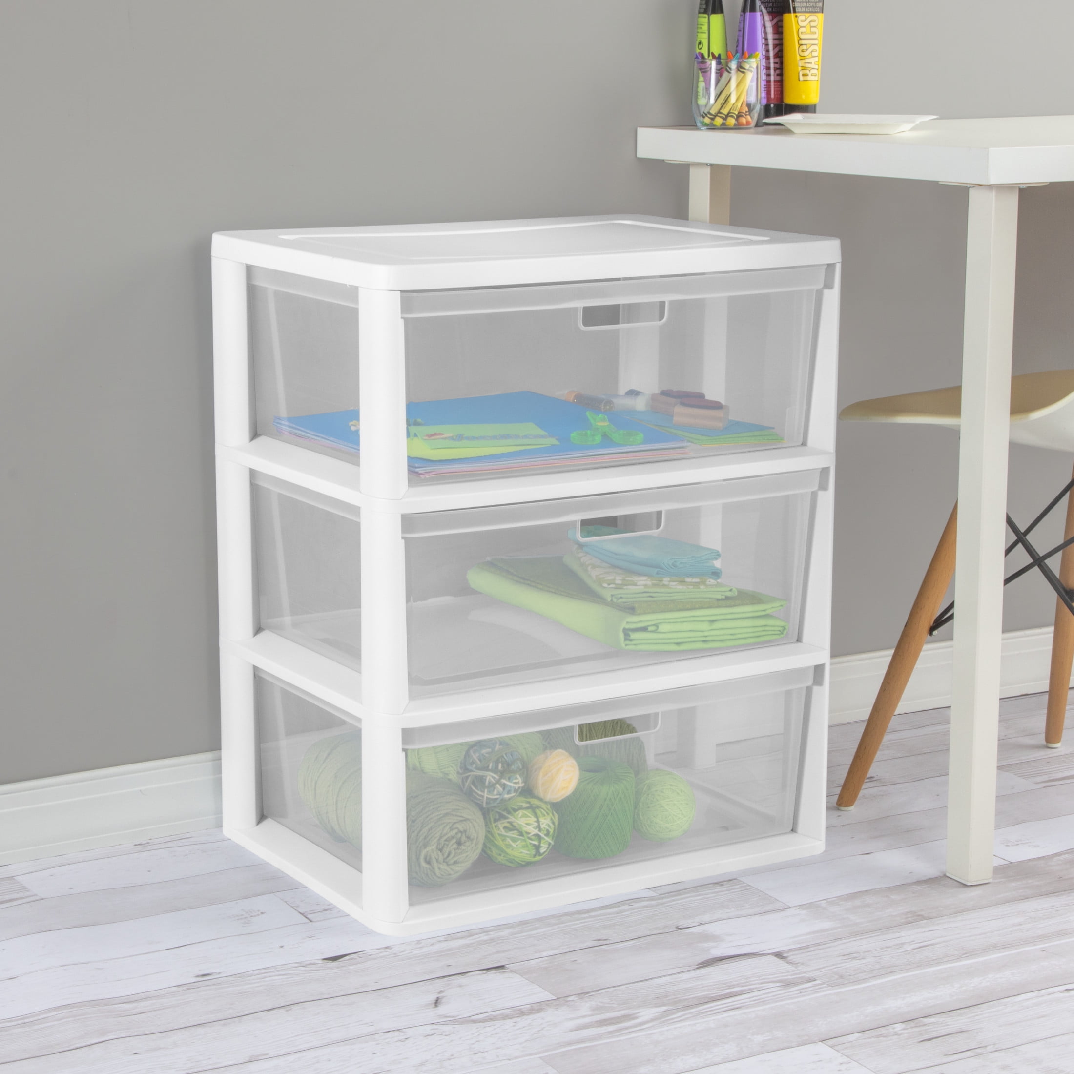 Sterilite Wide 3 Drawer Tower, Plastic Storage Organizer with Removable Clear Bins, Easy to Assemble - No Tools Needed, White