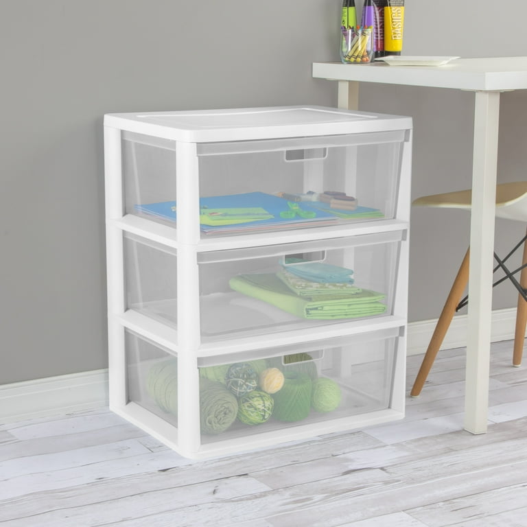 Sterilite Wide 3 Drawer Tower, Plastic Storage Organizer with