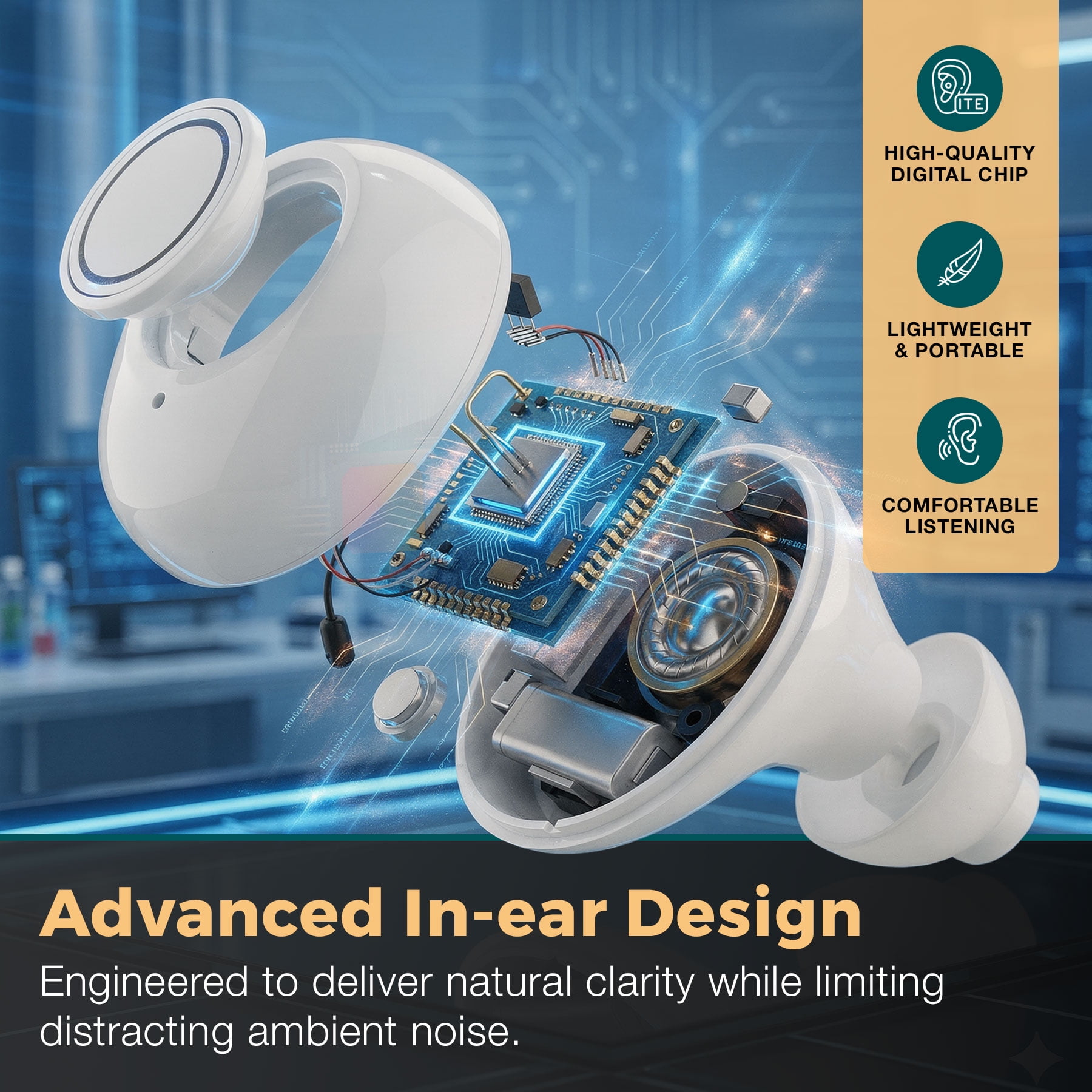 MEDca Digital Hearing Amplifier ITE Rechargeable 2 Piece Set Portable Charging Case - White