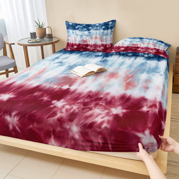 Queen Size Fitted Sheet Set - Blue White Red 3 Piece Bedding Sets 16" Deep Pocket Fitted Sheet with 2 Pillowcases, Tie-dye American Flag Star Abstract Brushed Microfiber Hotel Luxury Bed Sheets