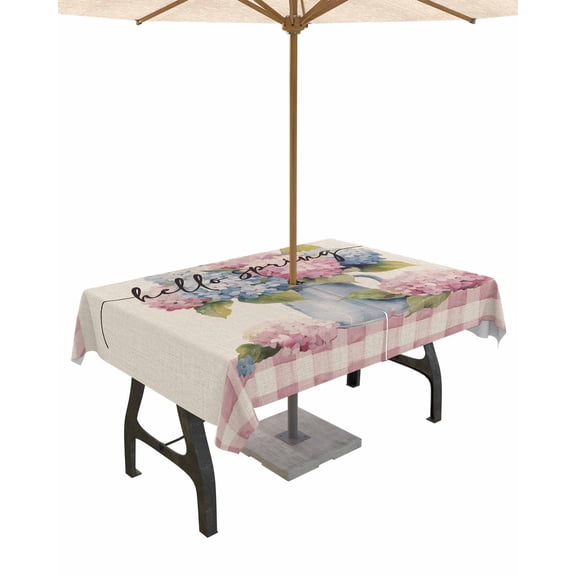 Boanket Outdoor Tablecloth with Umbrella Hole for Patio/Picnic/Party/Camping, Pink Plaid Spring Floral Waterproof Table Cloth Rectangle Table Cover Washable, Watercolor Summer Botanical (54"x 80")