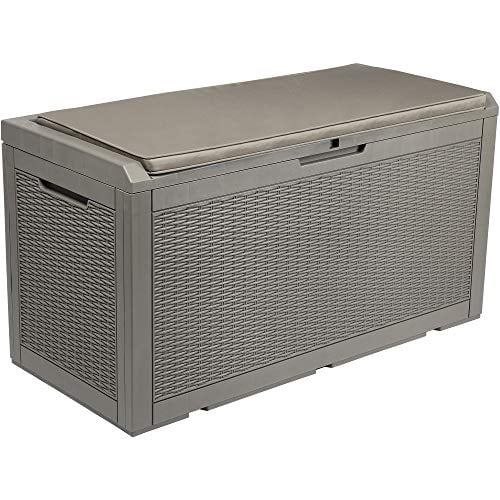 Yitahome 100 Gallon Large Resin Deck Box Outdoor Storage With Cushion For Patio Furniture Cushions Garden And Pool Toys Waterproof Lockable Light Brown Com Large Resin Deck Box Outdoor Storage, Large Outdoor Storage Bin For Cushions