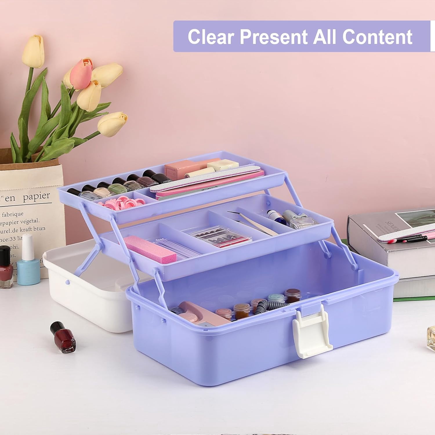 3-Layer Plastic Storage Box 12.8" Multipurpose Craft Organizers with Dividers & Handle, Hair Accessories Organizer Folding Craft Tool Case Portable Tackle Box for Sewing Art Cosmetic, Purple