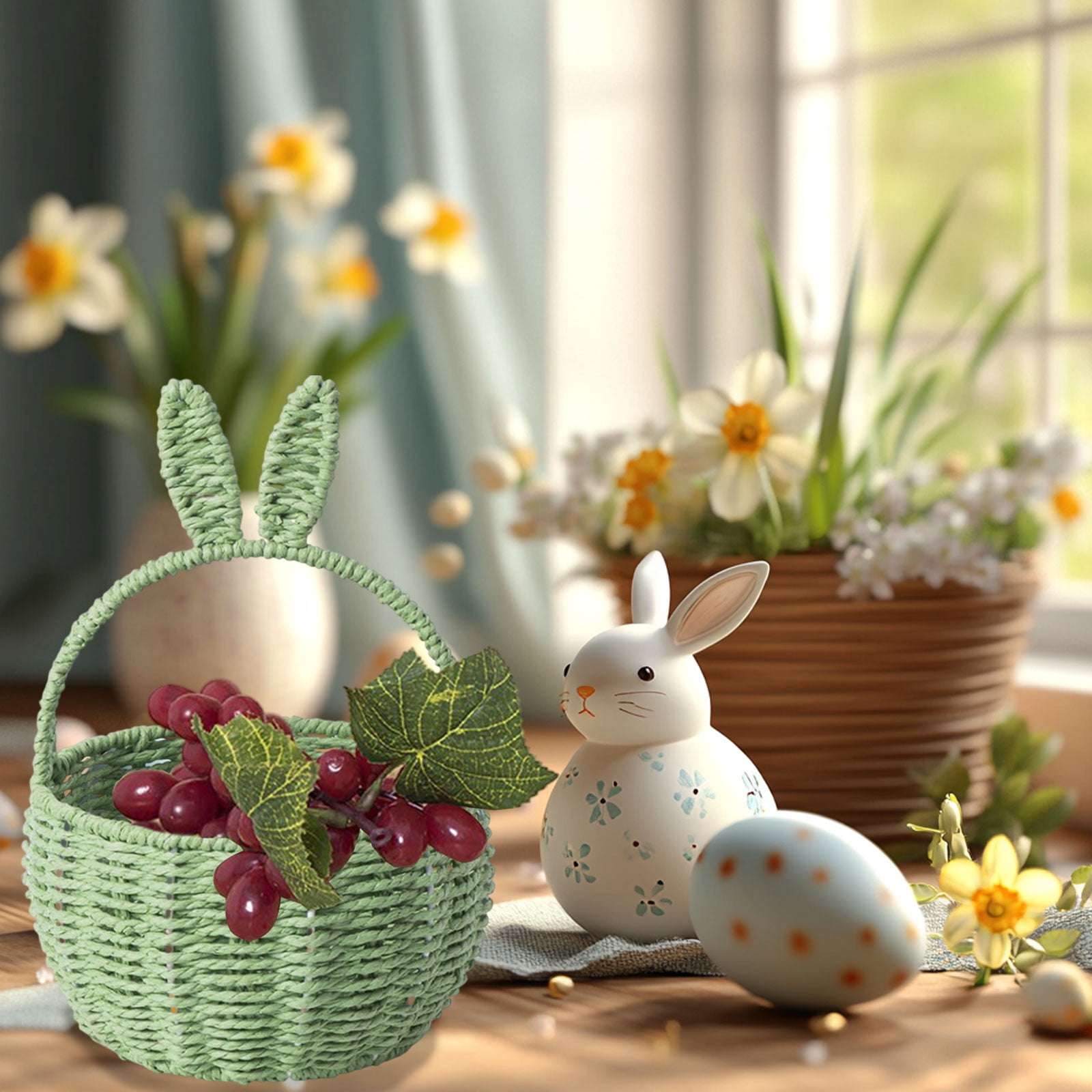 Green Easter Themed Woven Basket For Holiday Decor And Gift Giving Bunny Storage Tote With Handles For Organizing Snacks And Small Items