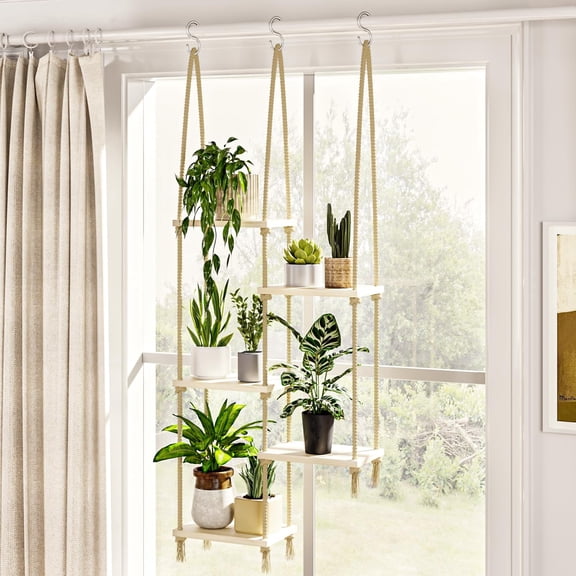 Natural Wood Hanging Plant Stand Indoor, Window Plant Shelves Hanging Shelf Boho Wall Decor Window Sill Plant Rack for Living Room Home Garden Decor