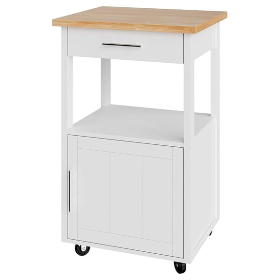 Rolling Kitchen Island with Single Door Cabinet, Kitchen Cart on Swivel Wheels, Coffee Cart Microwave Stand for Dining Room, White