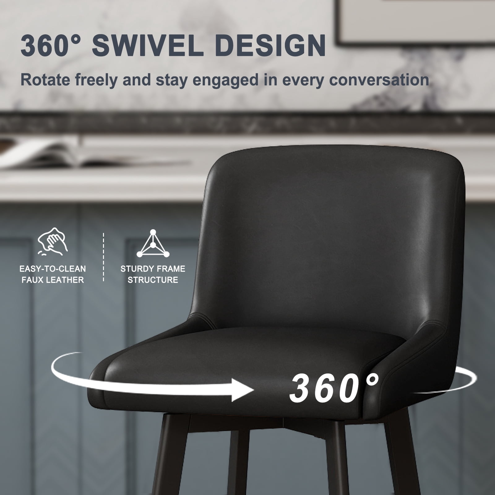 MultiHaven 26.1-Inch Bar Stools Set of 2,Swivel Counter Height Bar Stool with Back & Metal Legs,PU Leather Island Chairs Suitable for Kitchen,Bar,Cafe - Black