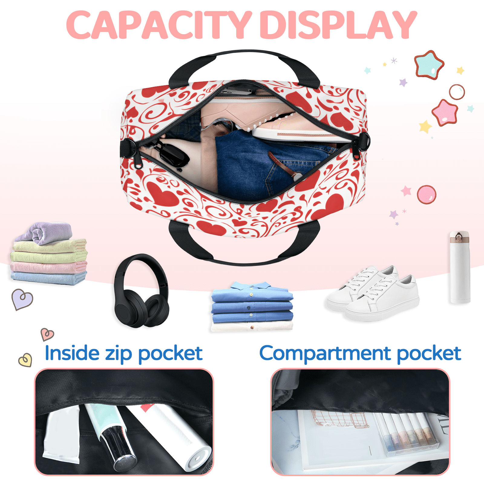 Herdesigns Red Love Gym Bag for Women, Duffle Bag for Travel Sport, Valentine's Day Lightweight Waterproof Carry on Weekender Dance Yoga Workout Bags