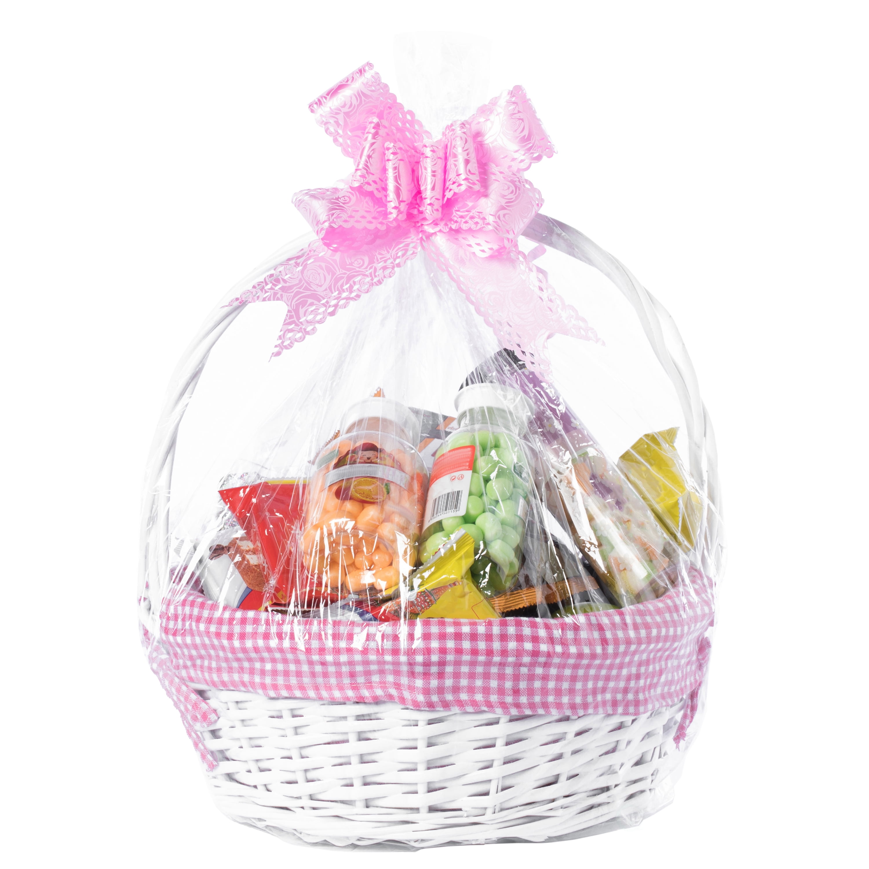 White Round Willow Gift Basket, with Gingham Liner and Handle 