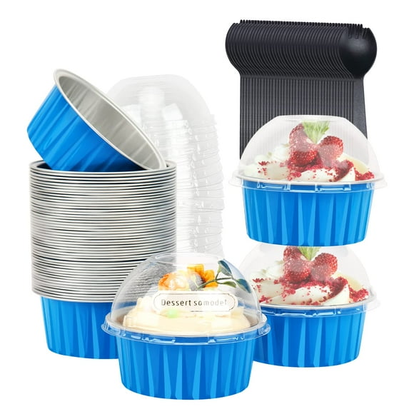 5oz Muffin Tins with Lids 50 Pack,Free-Air Aluminum Foil Cupcake Liners Baking Pans,Jumbo Muffin Liners Cupcake Pans,Disposable Ramekins Muffin Cups Containers-Blue