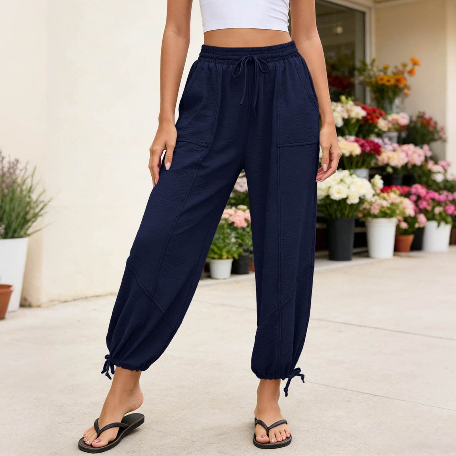Women's Lightweight Summer Linen Harem Loose Beach , Joggers Elastic Waist Lounge Trousers with Pockets