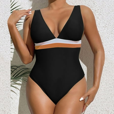 IDALL One Piece Swimsuit Women Bikini Sets 2025 New Swimwear Deep V Chest Contrast Open Back Cutout Women s Swimwear Bathing Suit Womens Swimwear Black M