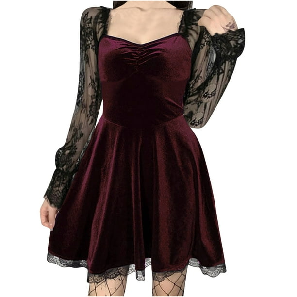 Vestido gótico de mujer de manga larga ahuecado de encaje adelgazante de gamuza de cintura alta vestido Punk de retazos vestido de noche Pompotops hdfakjf9746