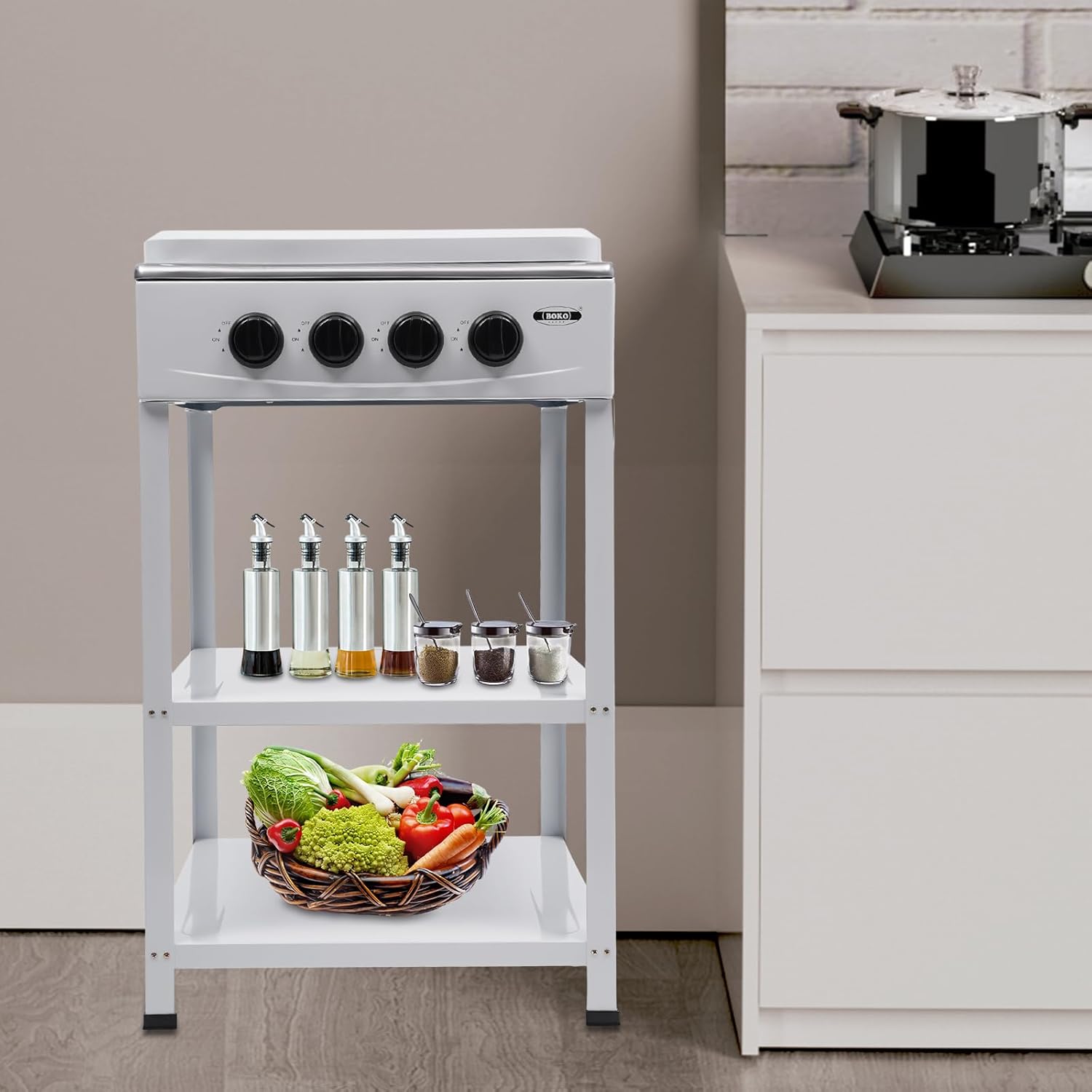 Natural Gas Gas Stove, Commercial Free Standing 4-Burner Gas Cooktops Kitchen Cooking Stove With Shelf Kitchen Cooking Appliance Stainless Steel Gas Stove With Wind Shield & Dustproof Covers, White