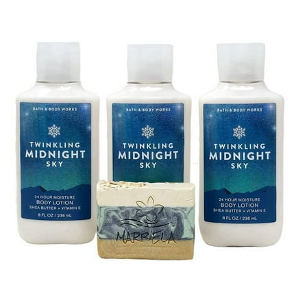 Bath and Body Works TWINKLING MIDNIGHT SKY - 24 Hour Moisture Body Lotion Lot of 3 Full Size - Includes a 4 oz Marbela Artisan Bar Soap
