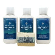 Bath and Body Works TWINKLING MIDNIGHT SKY - 24 Hour Moisture Body Lotion Lot of 3 Full Size - Includes a 4 oz Marbela Artisan Bar Soap
