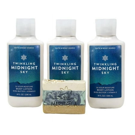 Bath and Body Works TWINKLING MIDNIGHT SKY - 24 Hour Moisture Body Lotion Lot of 3 Full Size - Includes a 4 oz Marbela Artisan Bar Soap