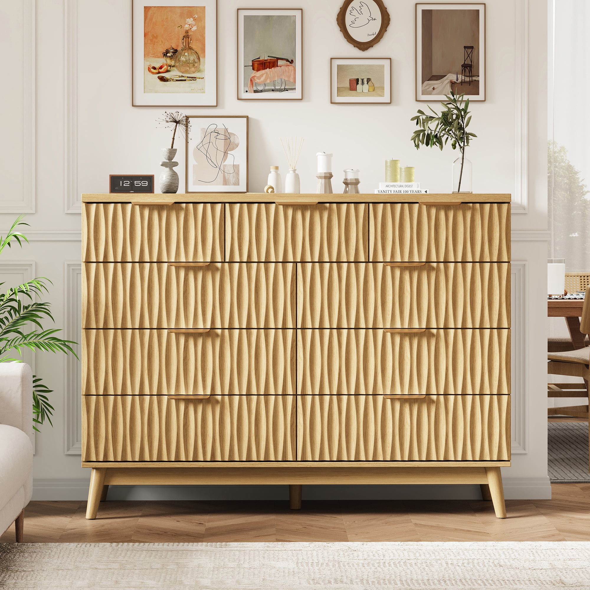 IDEALSOUL Oversized 9 Drawers Dresser for Bedroom, Wave Fluted Chest with Metal Handle, Wooden Dresser TV Stand, Wood Closet Clothes Storage Organizer for Living Room