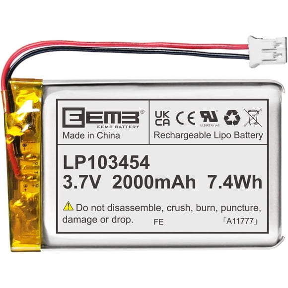 EEMB Lithium Polymer Batteries 3.7V 2000mAh 103454 Lipo Rechargeable Battery Pack with Wire JST Connector for Speaker and Wireless Device- Confirm Device & Connector Polarity Before Purchase