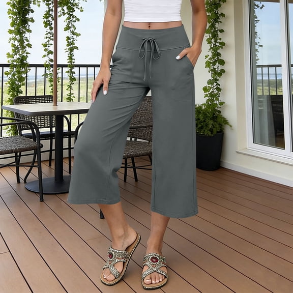 Xucatan Womens Pull On Capris, Solid Elastic Waist Casual Pants, Loose Comfy Cropped Trousers with Pockets, Everyday Bottoms Gift
