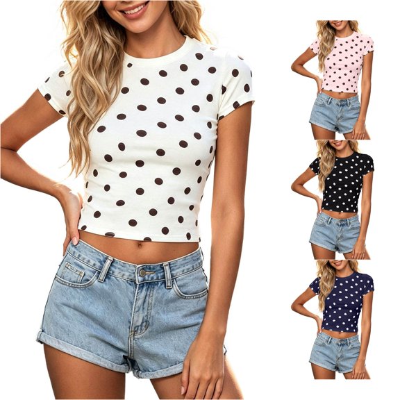 Trendfront Womens Polka Dot T Shirt Crewneck Short Sleeve Slim Fit Cropped Casual Tee Summer Going Out Everyday Fashion Tops