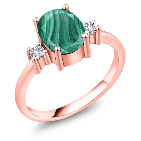 Gem Stone King 2.60 Ct Green Malachite White Created Sapphire 18K Rose Gold Plated Silver Ring (Size 8)