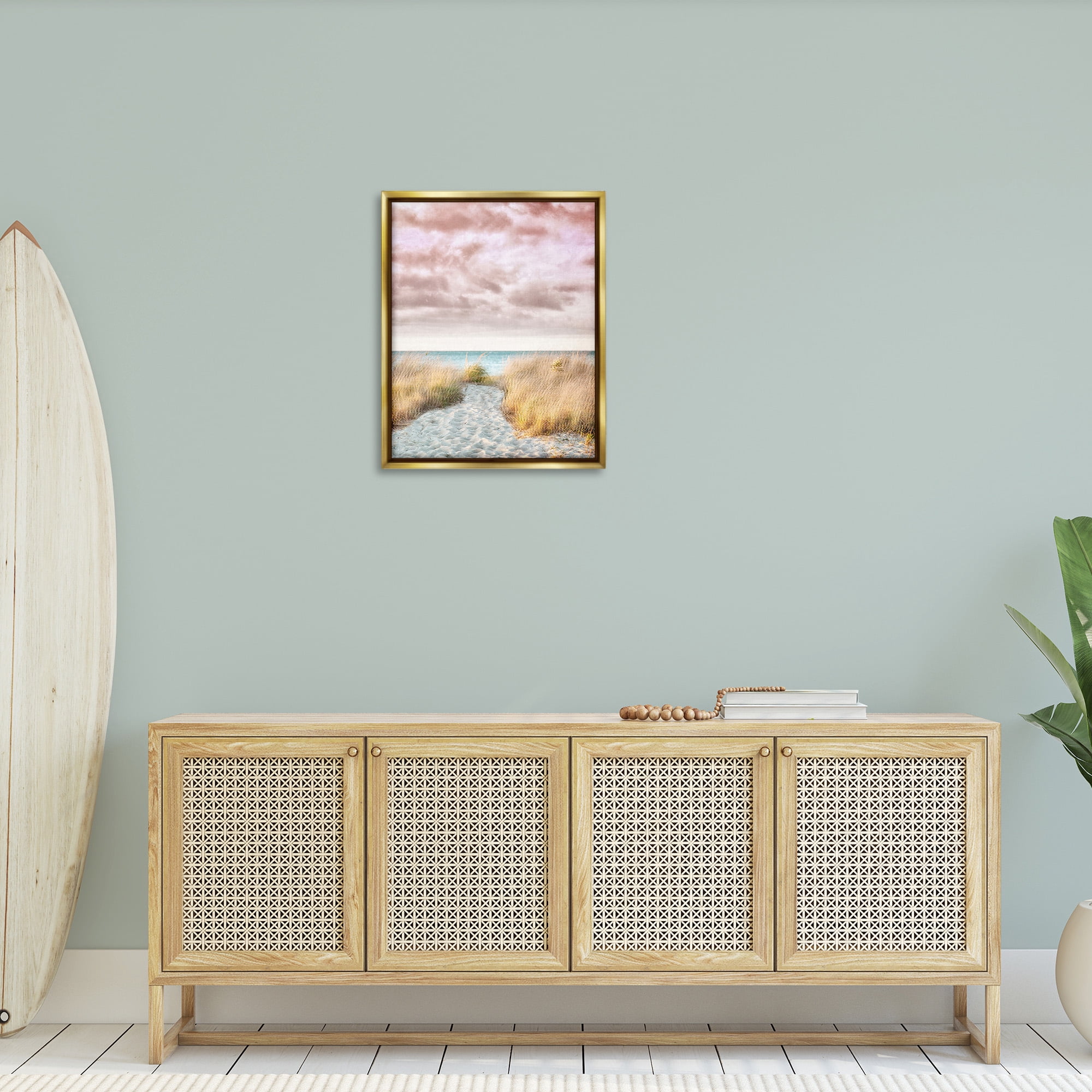 Stupell Industries Beach Path with Pink Sky Landscape Photography Gold Floater Framed Canvas Art Print Wall Art, 25 x 31