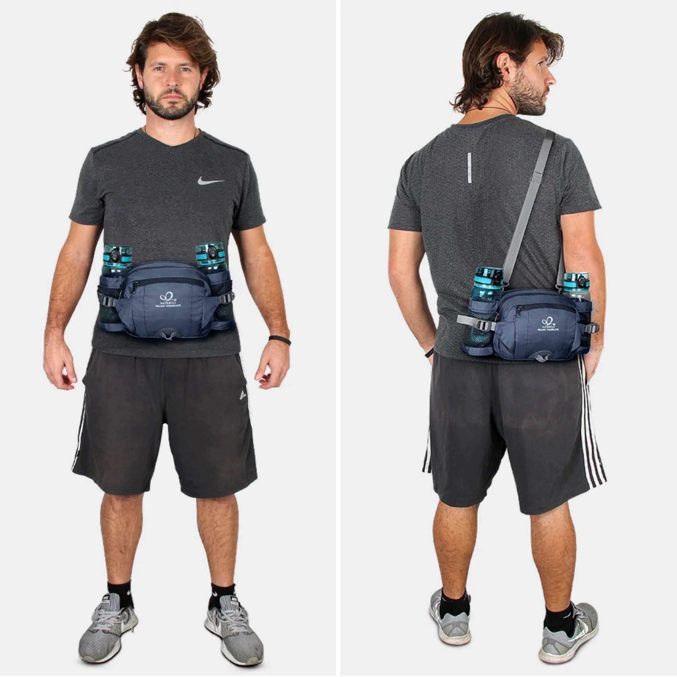 WATERFLY Unisex Large Capacity Hiking with Bottle Holder Fanny Pack Waist Bag,Dark Blue