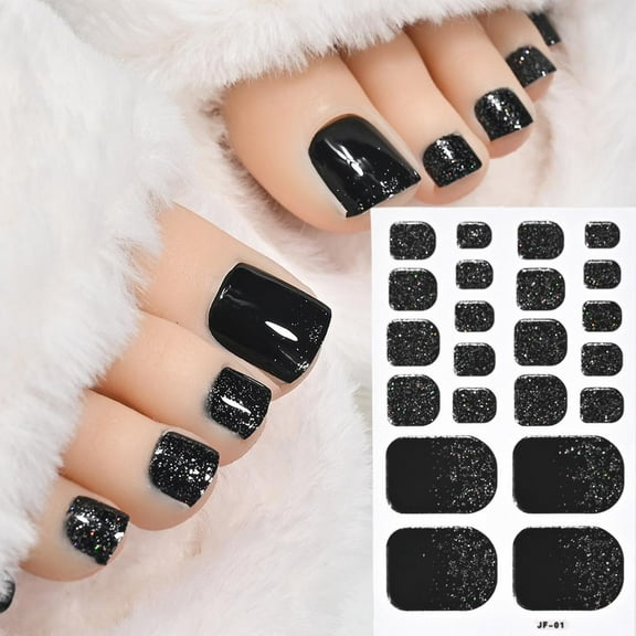 22Tips French Black Baking-free Toe Nail Stickers With Glitter Long New B3