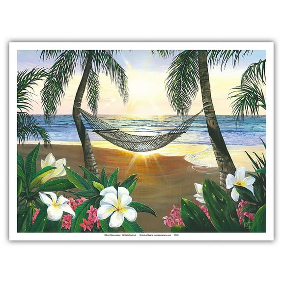 Twilight Hammock - Hawaiian Paradise Sunset View - From an Original Color Painting by Scott Westmoreland - Master Art Print (Unframed) 9in x 12in