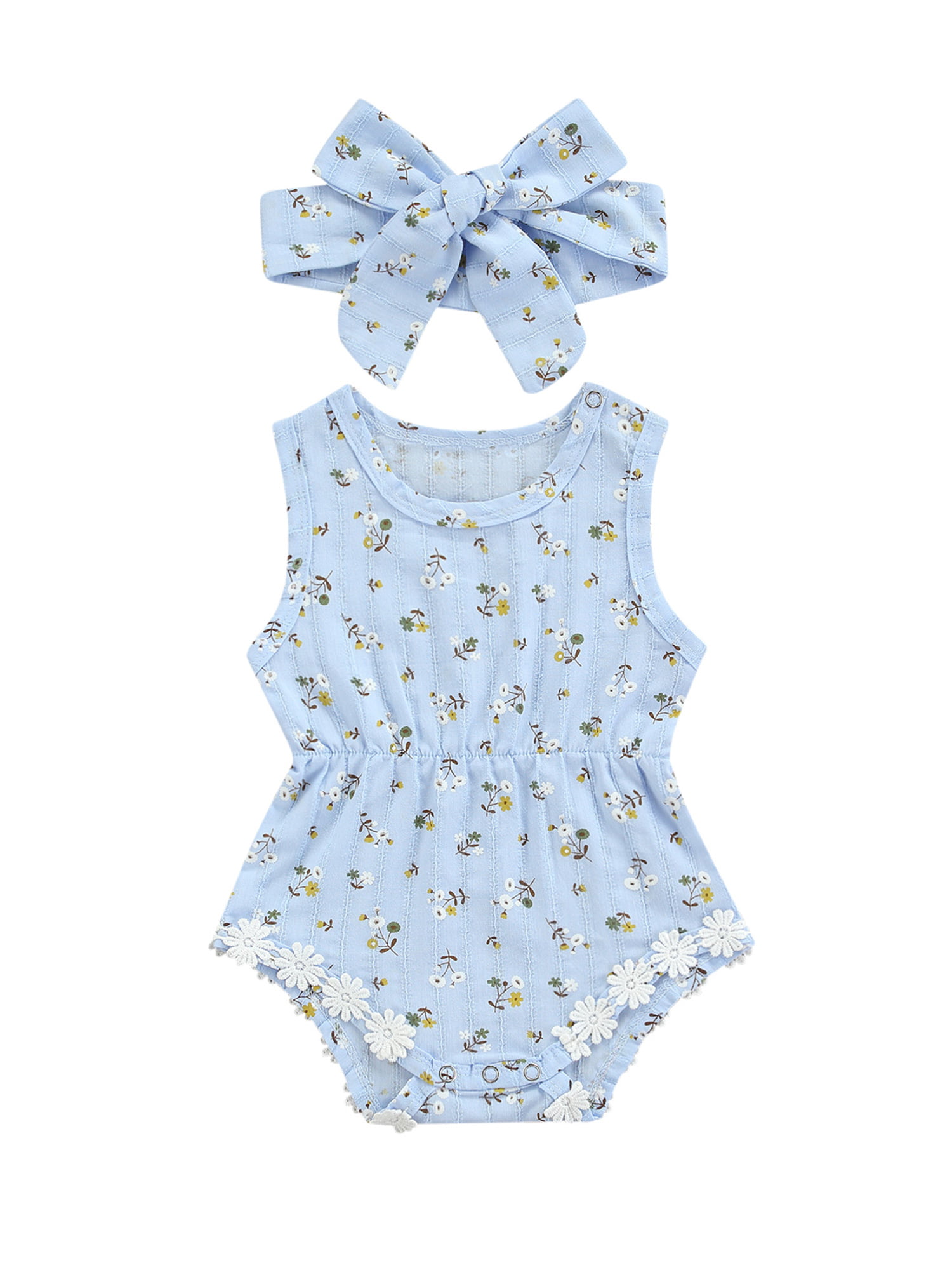 2Pcs Newborn Infant Toddler Girls Onesies Bodysuits Cute Floral Print Sleeveless Summer Romper Headband Clothes Set