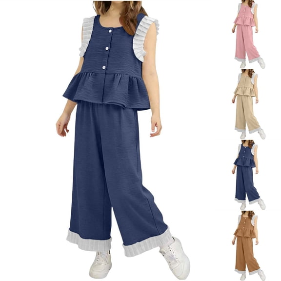 Bovxnpu Girls' Pant Sets Girl's Denim Outfits Set Sleeveless Tank Top & Wide-Leg Pants 2-Piece Summer Clothing Sets Summer 2 Piece Outfits