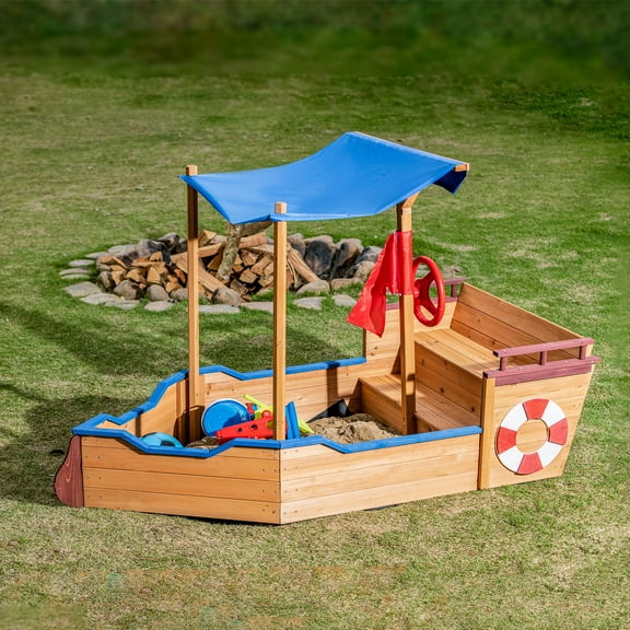 YIYADO Pirate Ship Sandbox with Cover and Rudder, Storage Stool and Seat, Made of fir, awning, smooth surface