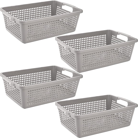 4 Pack Plastic Storage Baskets with Handle, 15”x9.8”x4.7” Pantry Storage Bins, Closet Baskets, Large Organization Basket for Nursery, School, Office