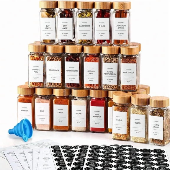 Empty Spice Jars With Label Pack (12x Bamboo Lid Glass Jar). Small 6oz Spice Storage Bottles.