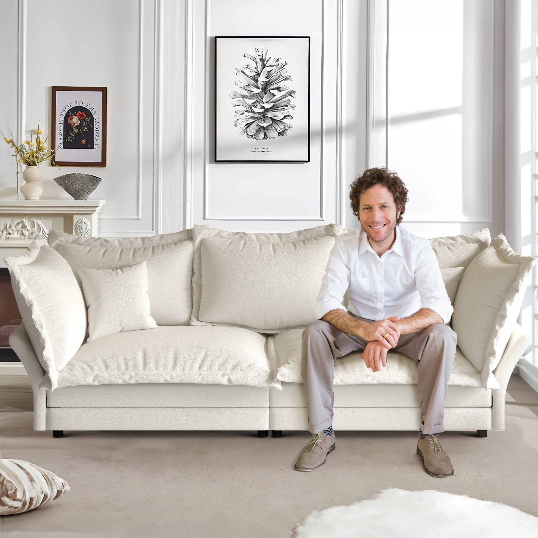 Aukfa 90.55" Overstuffed Sofa Cloud Couch, Convertible Deep Seat Chaise Longue with Large Pillows for Living Room, Beige