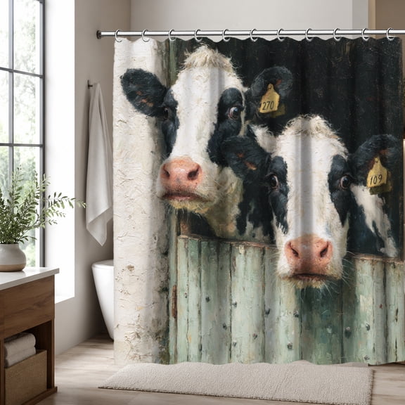Farmhouse Cow Shower Curtain, Black and White Dairy Cattle Bathroom Decor, Rustic Barn Animal Bath Curtain, Country Farmhouse Bathroom Accessories, 70.87 x 70.87 Inch