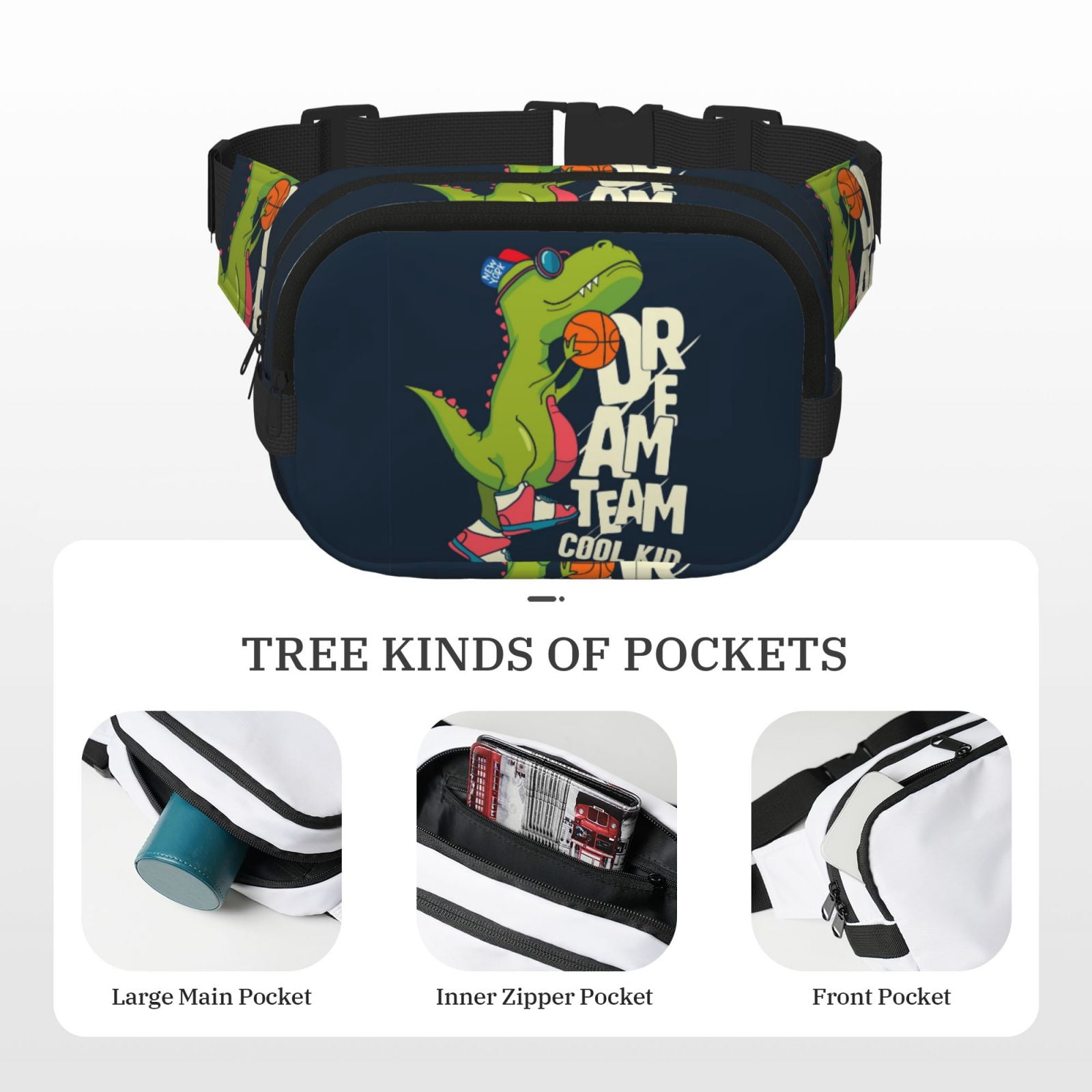 Hirioo Dinosaur Basketball Player for Double Layer Waist Bag Adjustable Fanny Pack For Travel Running Hiking