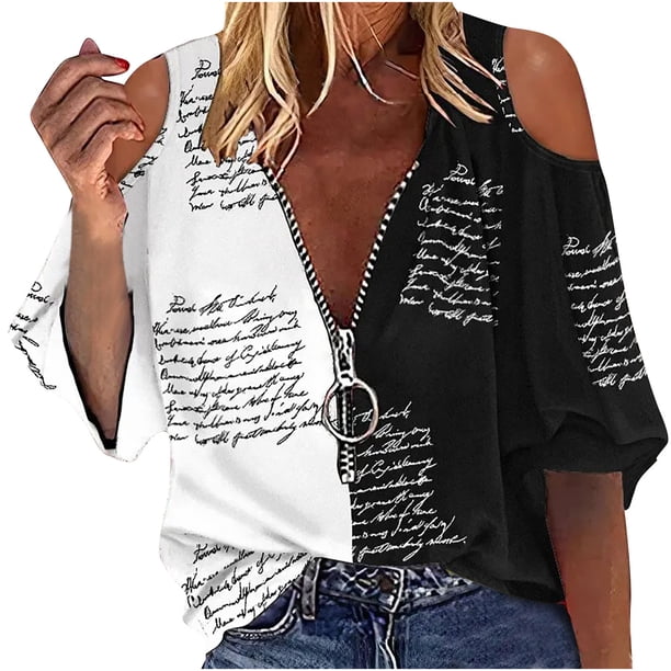 Camisa sexy de verano para mujer Blusa con hombros descubiertos Blusa con estampado de cremallera de media manga OAVQHLG3B Store lin121212